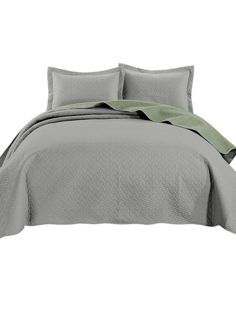 Reversible Gray and Light Green Queen 3 piece Quilt Set